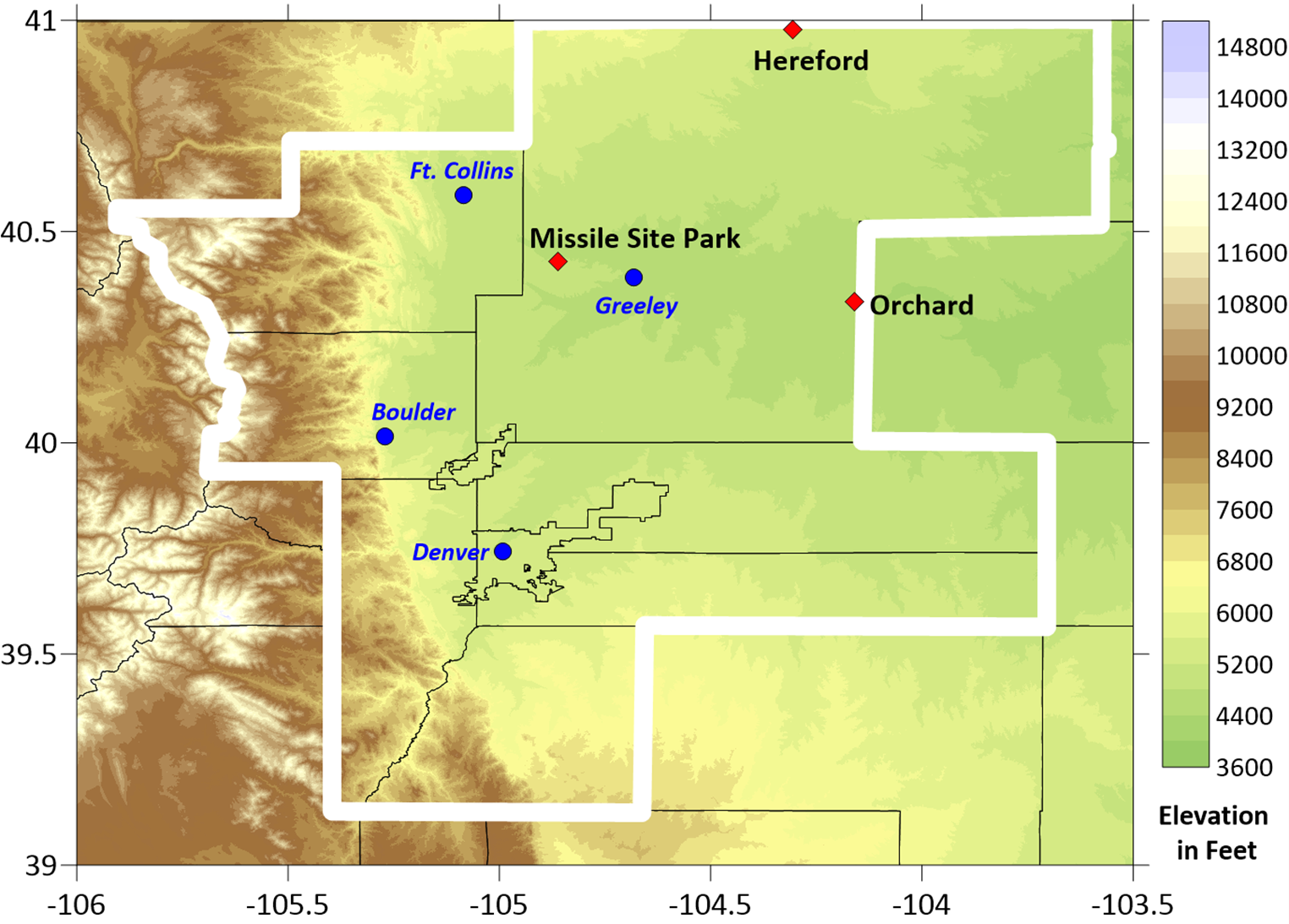 elevation map of the northern Colorado non-attainment area with Weld monitor sites.